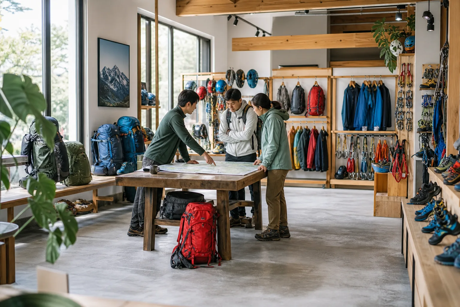 火狐狸户外门店里，工作人员与顾客一起查看路线地图